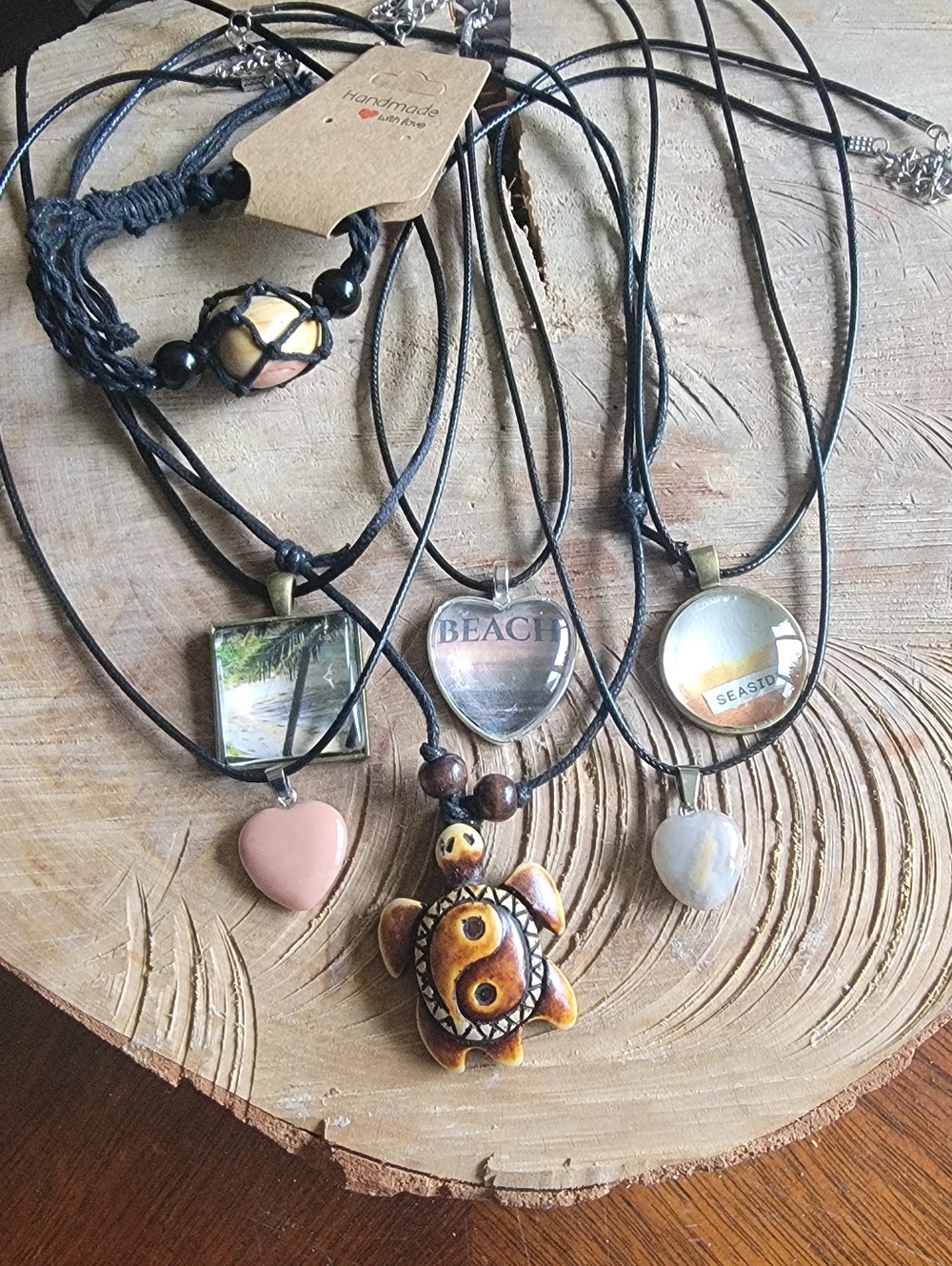 Handcrafted Set Of 7 Beach-Themed Turtle Pendant, Cabochon, Stones & Bracelet
